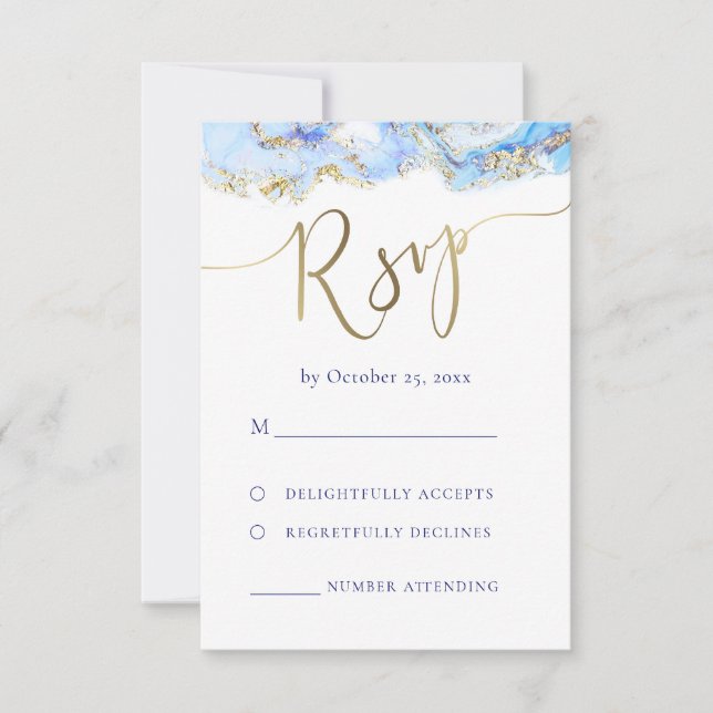 casamento RSVP de tinta azul de mármore fluido (Frente)