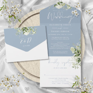Casamento RSVP Detalhes Florais em Azul Empoeirado