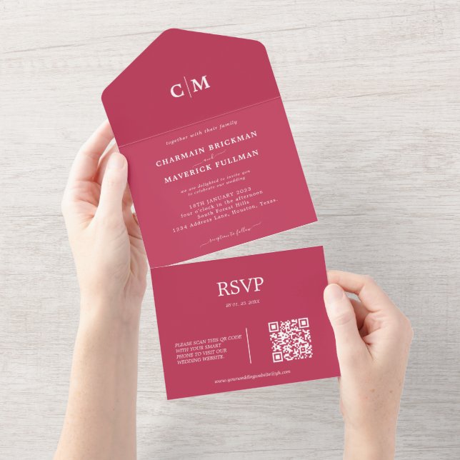 Casamento RSVP do Código QR do Monograma Vermelho  (Aba destacável)