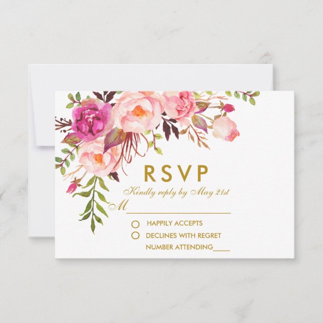 Casamento RSVP Dourado Cor Floral de Água Rosa (Frente)