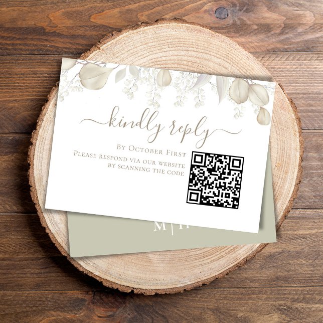 Casamento RSVP Online Código QR Sage Greenery (Simple Wedding reply card with a sage green background and QR code template.)