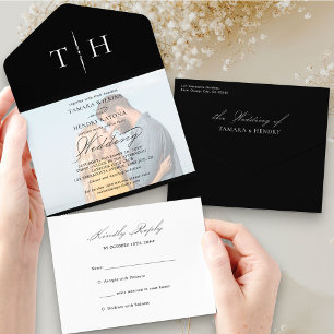 Casamento RSVP Preto de Foto de Caligrafia Simples