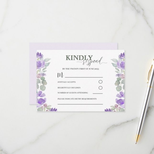 Casamento RSVP Purple Floral Watercolor (Frente/Verso In Situ)