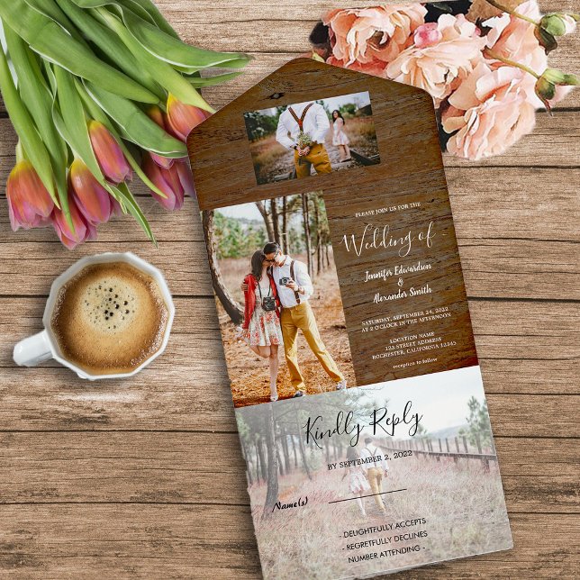 Casamento russo com foto-país (Rustic wood photo all in one  wedding invitation. For your rustic country wedding.)