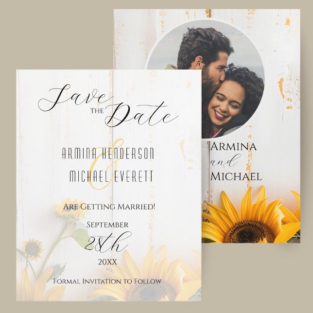 Casamento Russo de Girassol do Orçamento Salvar a  (A budget rustic sunflower wedding save the date card with white barn wood and photo.)