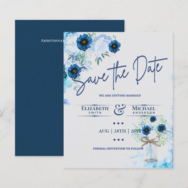 Casamento Russo Floral Azul com Marinho de Orçamen (Frente/Verso)