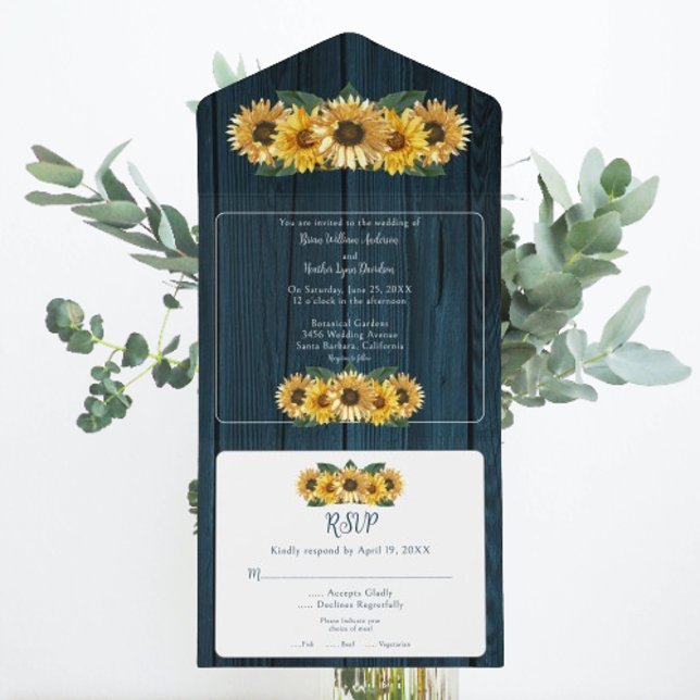 Casamento Rustic Blue Sunflower (Rustic Blue Sunflower Wedding All in One Invitation)