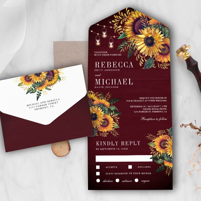 Casamento Rustic Burgundy Wood Boho Sunflower (Criador carregado)