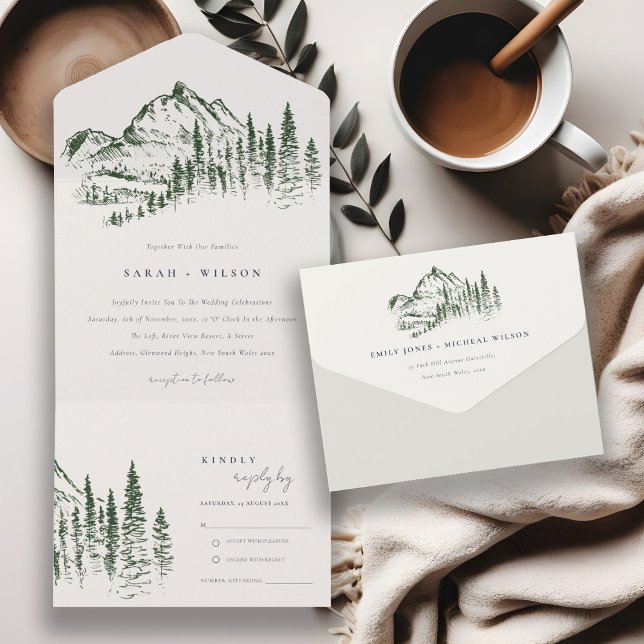 Casamento Rustic Green Pine Woods Mountain Sketch (Criador carregado)