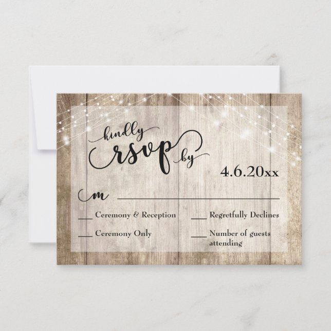 Casamento Rustic Light Brown Wood & Lights RSVP 3 (Frente)