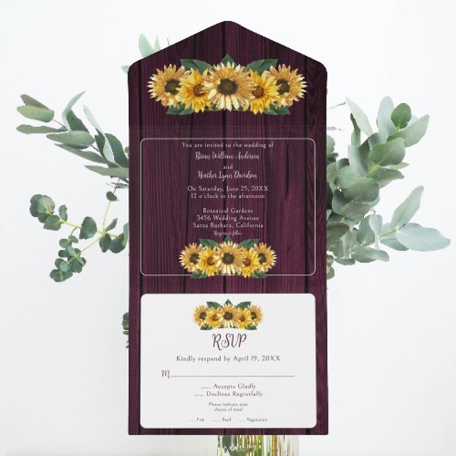 Casamento Rustic Magenta Sunflower (Rustic Magenta Sunflower Wedding All in One Invitation)