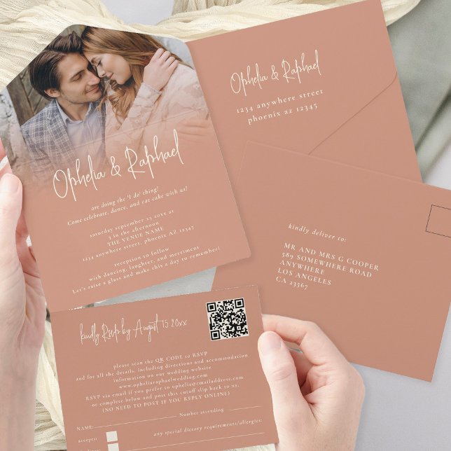 Casamento Rustic Photo Overlay QR Code Terracotta (All in One Invitation and RSVP with optional recipient name and address)