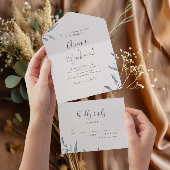 Casamento rústico com verdinho azul-poeirento míni (Dusty blue minimal greenery rustic wedding all in one invitation)