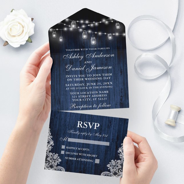 Casamento Rústico De Luzes Azuis De Madeira (All In One Wedding Invitation with tear off RSVP Card)