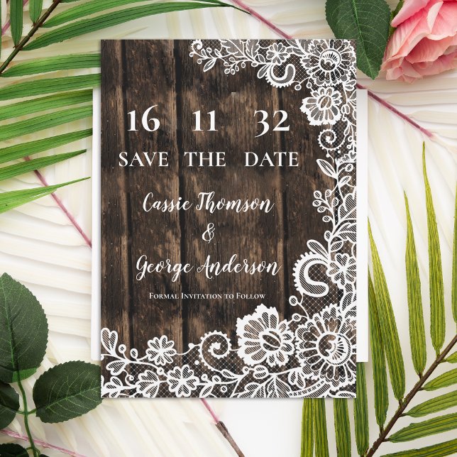 Casamento Rústico de Madeira de Locação Salva a Da (Rustic Country Lace Wood Wedding Save the Date)
