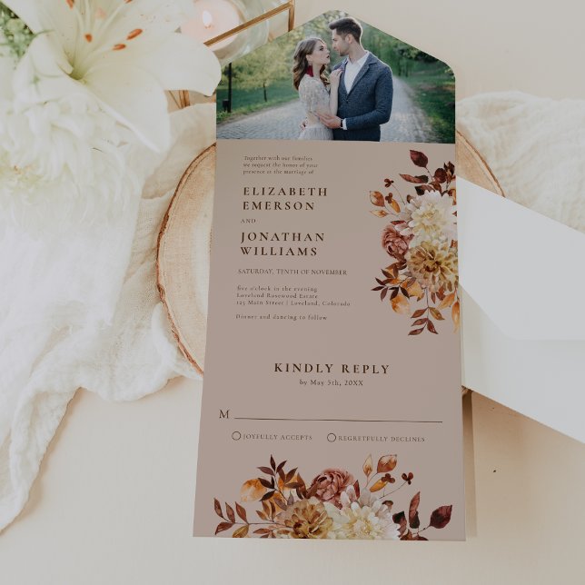 Casamento Rústico Elegante (Elegant Rustic Fall Floral Photo Wedding All In One Invitation by Painted Paperie
)