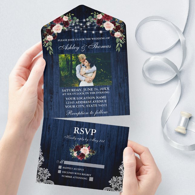 Casamento Rústico Floral Azul Madeira Luzes Renda  (All In One Wedding Invitation with tear off RSVP Card)