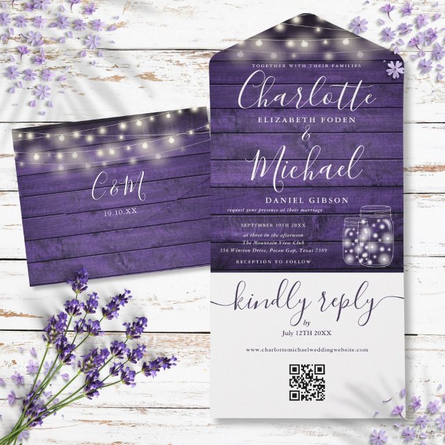 Casamento Rústico Roxo Código QR Mason Jars Lights (Purple Rustic QR Code Mason Jars Lights Wedding All In One Invitation)