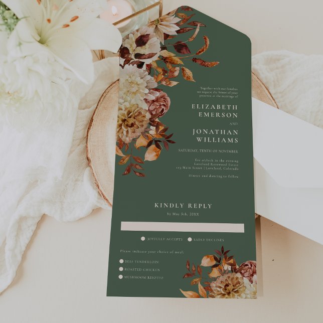 Casamento Sage (Sage Green Copper Leaves Fall Wedding All In One Invitation by Painted Paperie
)