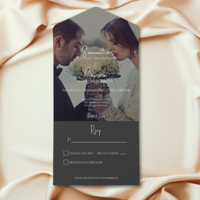 Casamento sem jantar com foto preta elegante moder (Modern Elegant Black Photo No Dinner Wedding All In One Invitation)