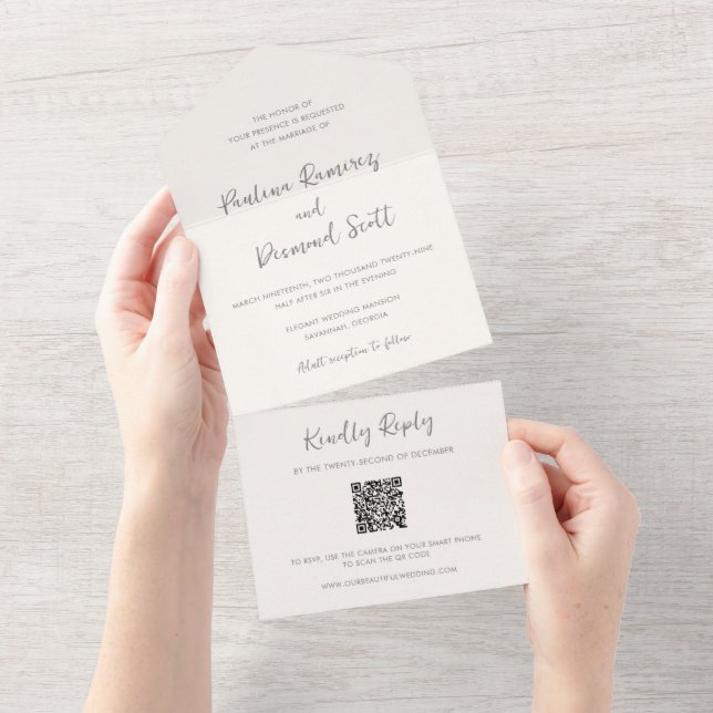 Casamento Simples com QR Code em Marfim Moderno (Aba destacável)
