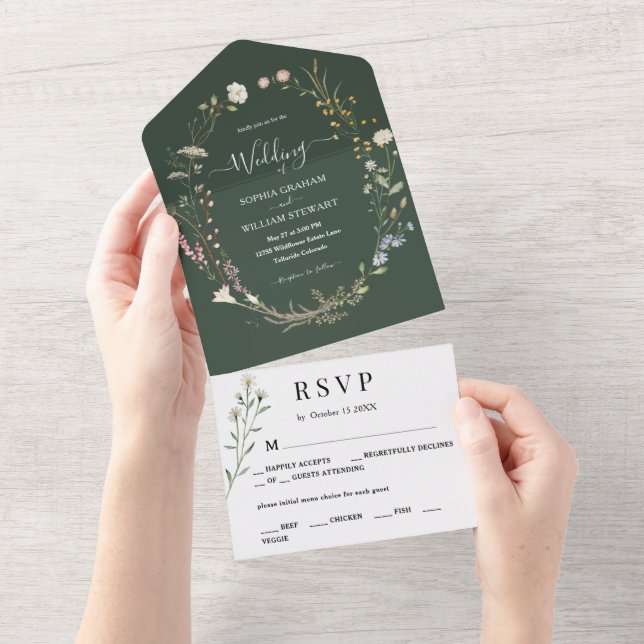 Casamento Simples de Flores Selvagem Verde Escuro (Aba destacável)