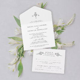 Casamento Simples de Monograma Floral Preto e Bran