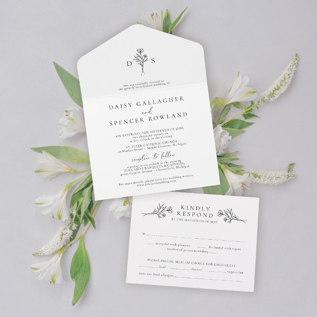 Casamento Simples de Monograma Floral Preto e Bran (Criador carregado)