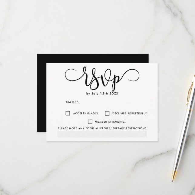 Casamento simples de rsvp branco elegante preto (Frente/Verso In Situ)