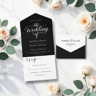 Casamento Simples de Script Branco e Preto Elegant