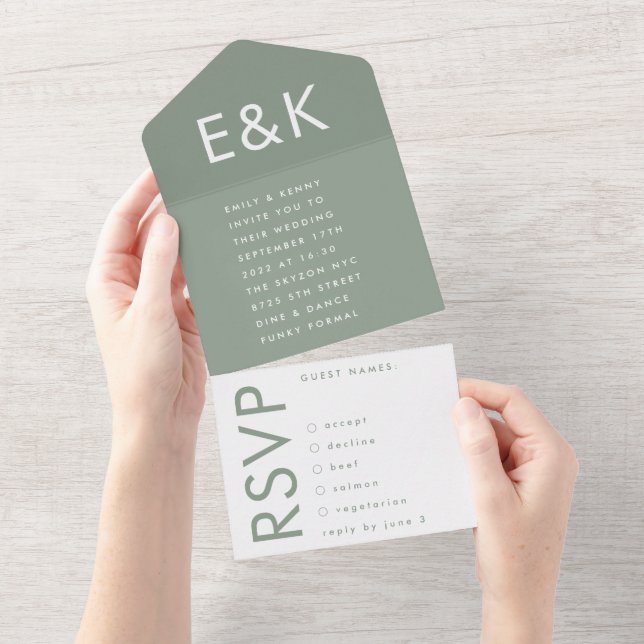Casamento Simples do Monograma Verde Ultra Sage (Aba destacável)