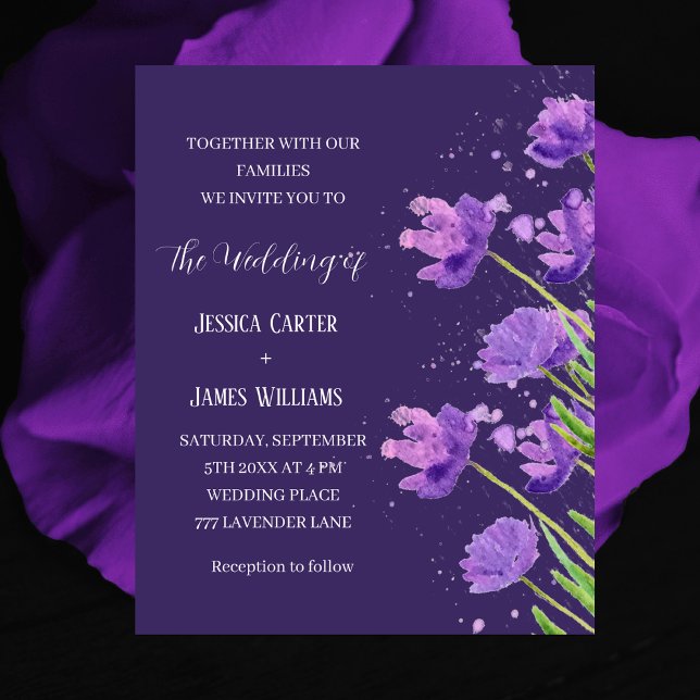 Casamento Simples Elegante De Aquarela Floral Roxa (Criador carregado)