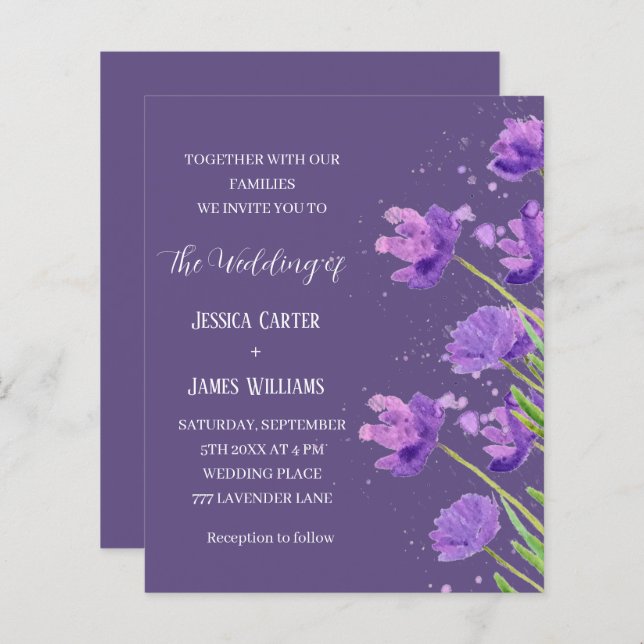 Casamento Simples Elegante De Aquarela Floral Roxa (Frente/Verso)