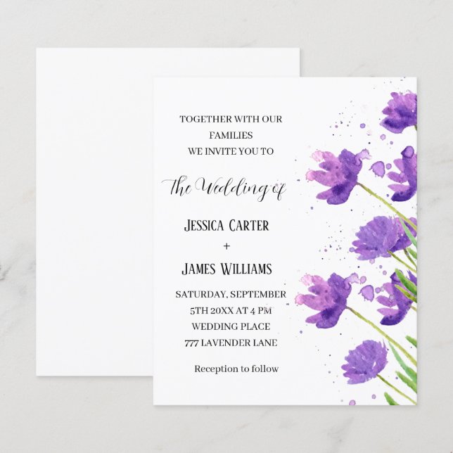 Casamento Simples Elegante De Aquarela Floral Roxa (Frente/Verso)