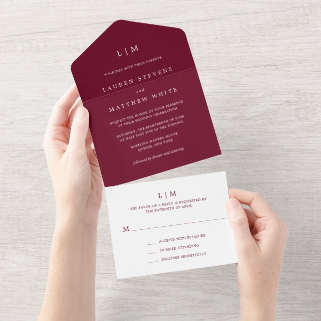 Casamento Simples Monograma Burgundy Elegante (Aba destacável)