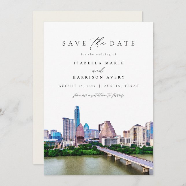 Casamento Skyline AUSTIN TEXAS Salvar a Data (Frente/Verso)