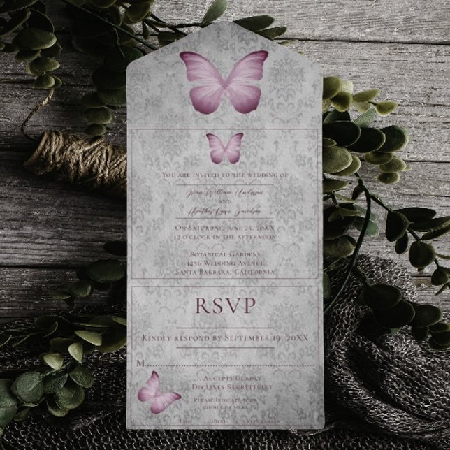 Casamento tema damasco da Borboleta Vintage Rosa (Pink Vintage Butterfly Damask Wedding All in One Invitation)