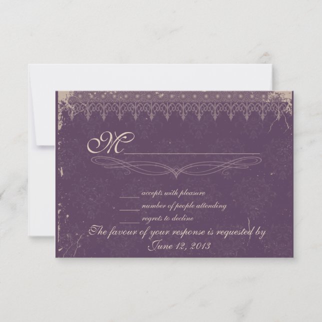 Casamento tema damasco de beringelas Vintage RSVP (Frente)