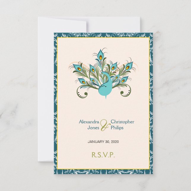 Casamento tema damasco de Penas de Peacock RSVP (Frente)