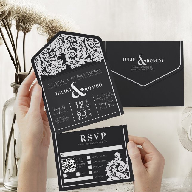 Casamento tema damasco Floral Branco e Preto Moder (modern black and white wedding theme elegant damask all in one wedding invitation and rsvp card)