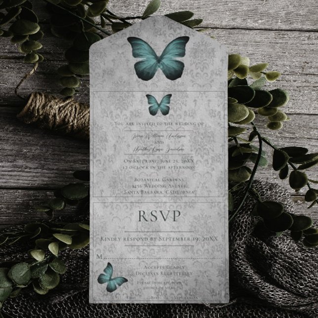Casamento tema damasco Teal Vintage Butterfly (Teal Vintage Butterfly Damask Wedding All in One Invitation)