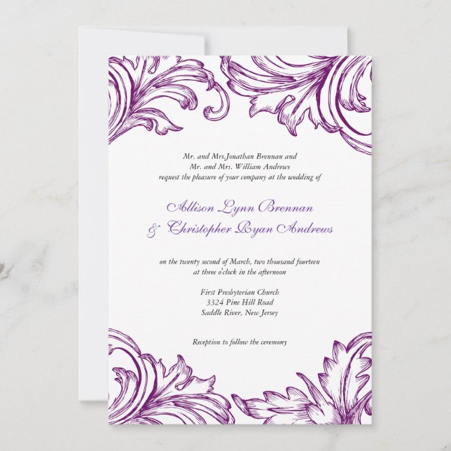 Casamento tema damasco Vintage - Convite Púrpura e (Frente)