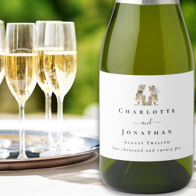 Casamento Temático de Dinossauros (Dinosaur themed wedding T-Rex bride and groom custom sparkling wine labels)