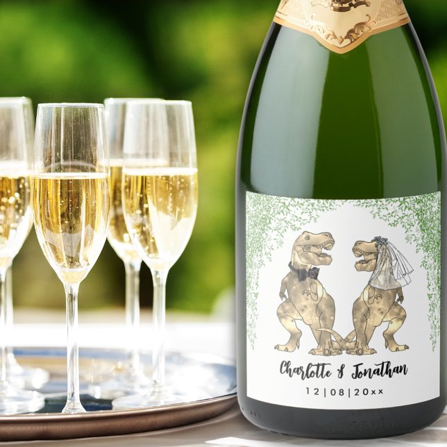 Casamento Temático de Dinossauros Personalizado (T-Rex Bride and Groom Dinosaur Wedding Custom sparkling wine labels)