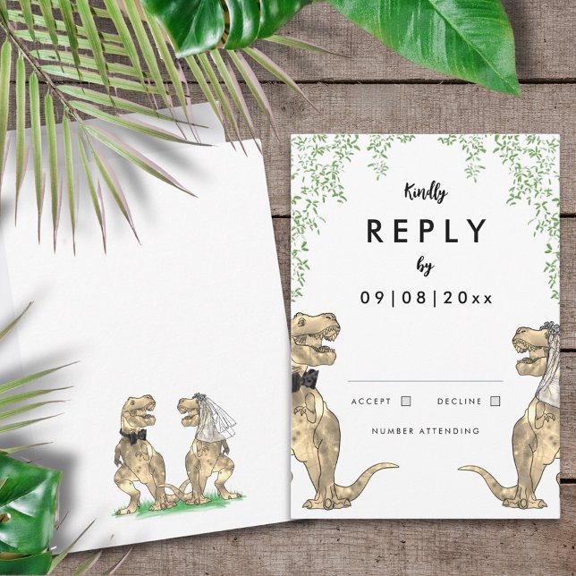 Casamento Temático de Dinossauros Resposta (T-Rex bride and groom funny dinosaur wedding invitation RSVP reply enclosure card)