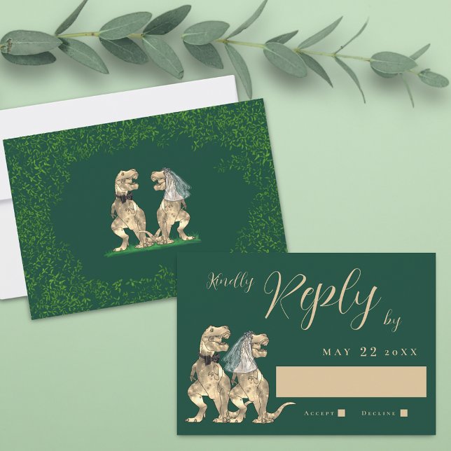 Casamento Temático de Dinossauros Resposta (T-Rex bride and groom funny dinosaur wedding rsvp card Watercolor eucalyptus foliage dark green )