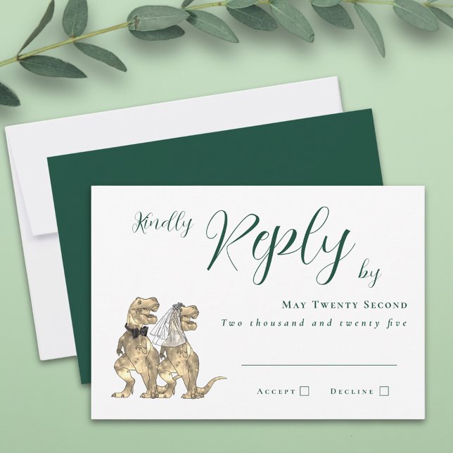 Casamento Temático de Dinossauros Resposta (Dinosaur theme dark green wedding invitation RSVP T-Rex dino bride and groom elegant script )