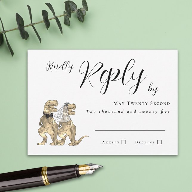 Casamento Temático de Dinossauros Resposta (funny dinosaur wedding RSVP card T-Rex bride and groom modern elegant script simple minimalist )