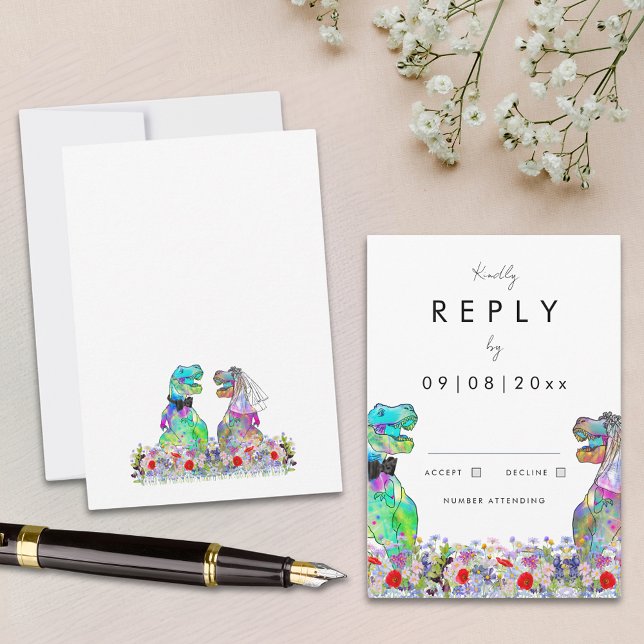 Casamento Temático de Dinossauros Resposta (Modern wildflower dinosaur theme wedding reply enclosure card)