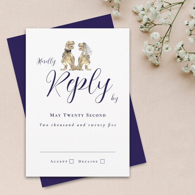 Casamento Temático de Dinossauros Resposta Azul Ma (Dinosaur theme wedding navy blue & white invitation RSVP card T-Rex bride & groom elegant script)